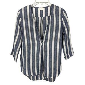 CP Shades Blue Red Stripe Linen Half Sleeve V Neck Tunic Top XS